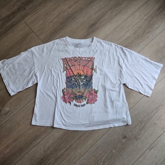 EUC Women's XL Boxy Crop Drop Shoulder White Rip Curl Short Sleeve Tee - Picture 1 of 6